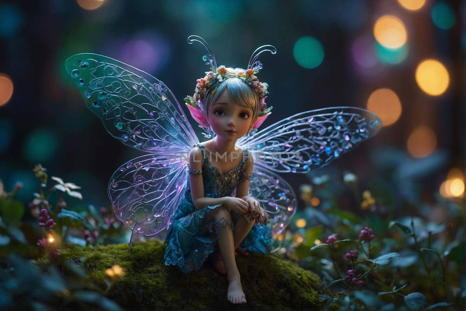 A fairy perches delicately on the vibrant green grass of a field, creating a whimsical scene.