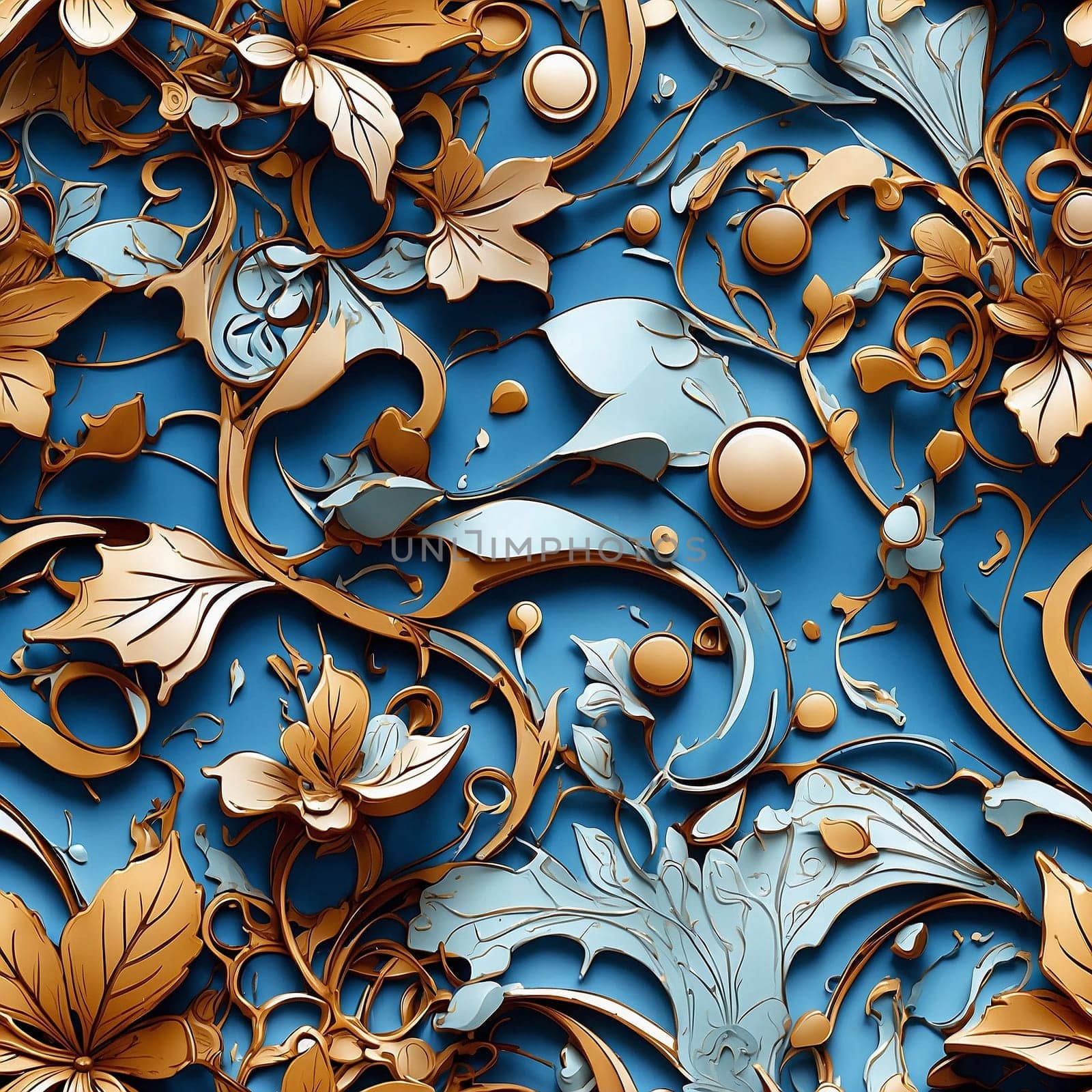 This photo showcases a detailed close-up of a blue and gold wallpaper, providing a seamless pattern for background designs.