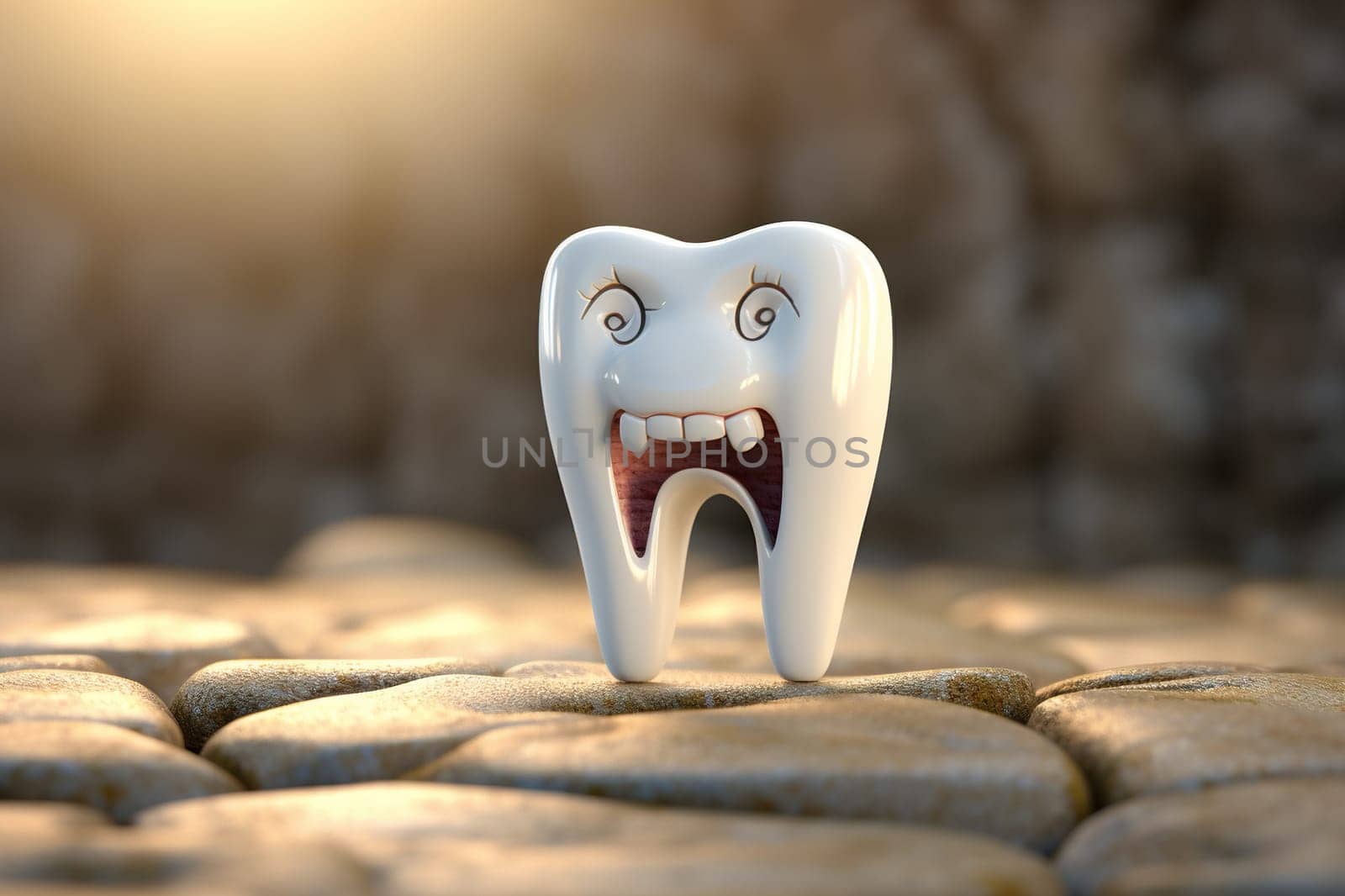 3D tooth with an image of fear on the face. Fear of dentists concept. Cartoon illustration. Generated by artificial intelligence by Vovmar