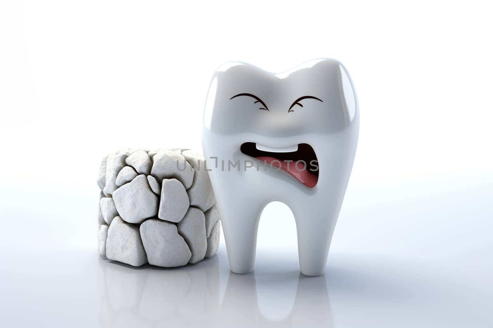 Cartoon tooth with an expression of fear on its face on a white background. Generated by artificial intelligence by Vovmar
