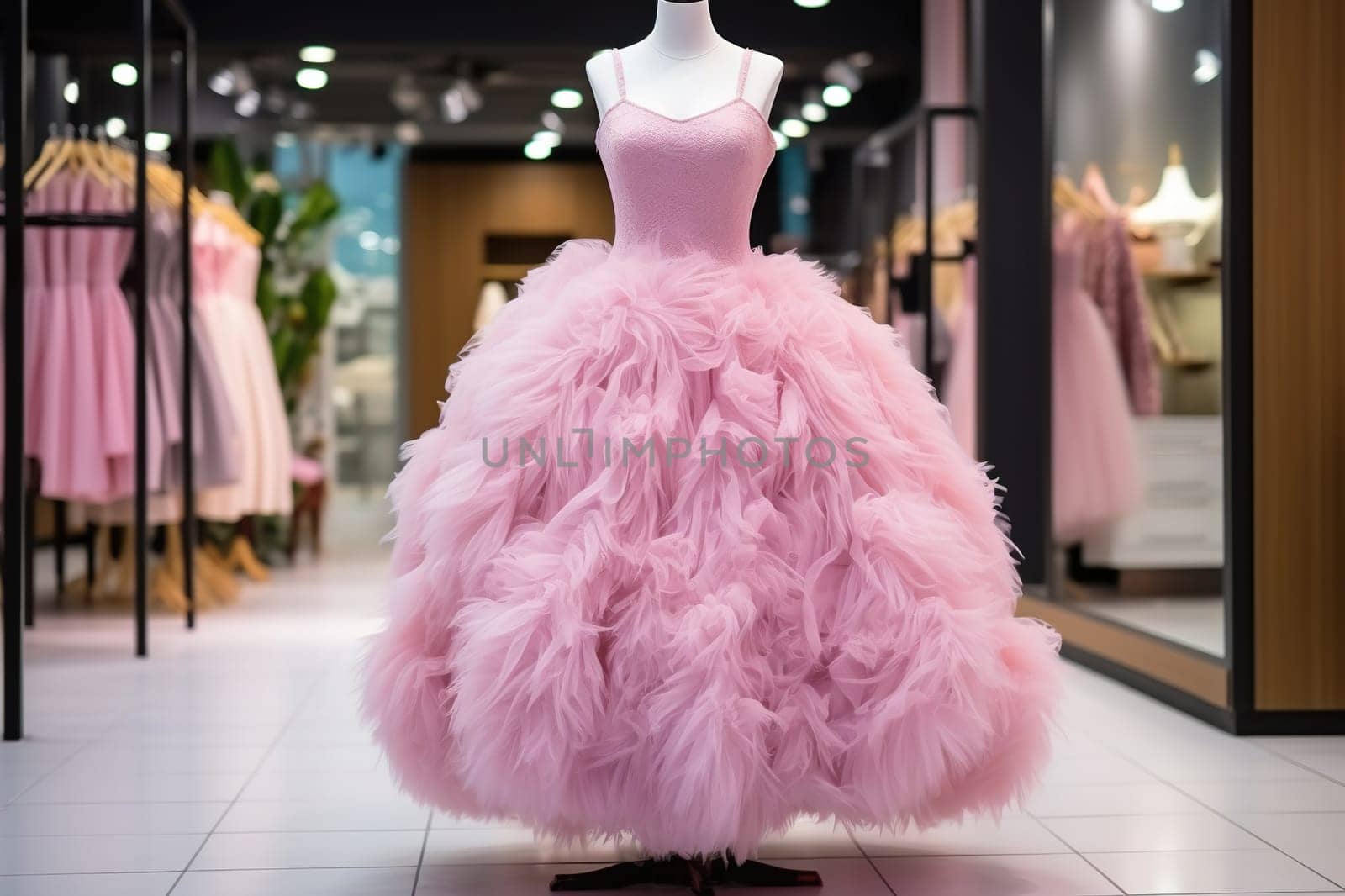Elegant pink fluffy women's dress on a mannequin. Generated by artificial intelligence by Vovmar
