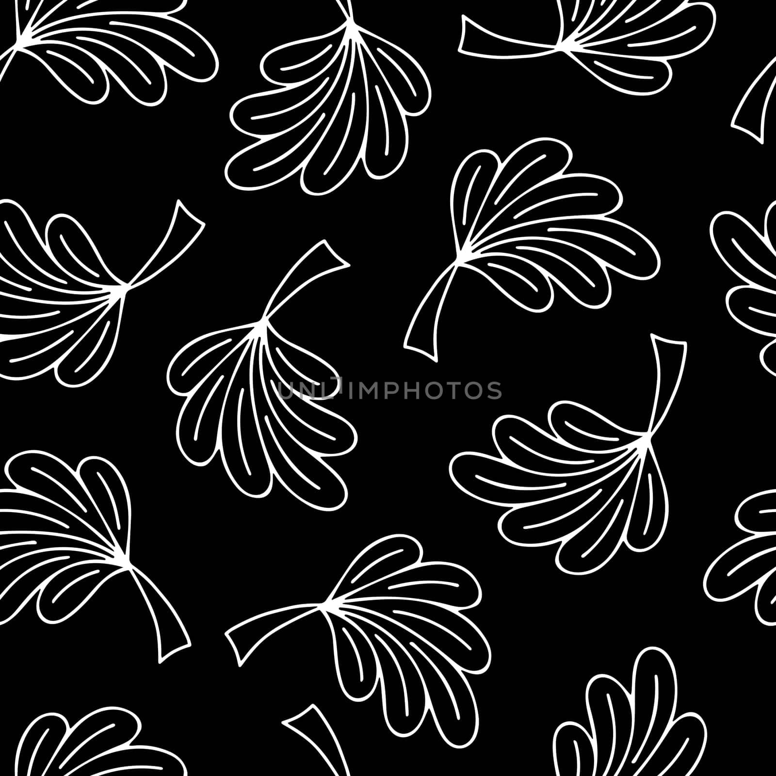 Seamless Pattern with Hand Drawn Black and White Leaves. Autumn Falling Digital Paper with Leaf in Sketched Style. Background with Contour Leaves. Cover for Eco, Organic, Vegan Design.