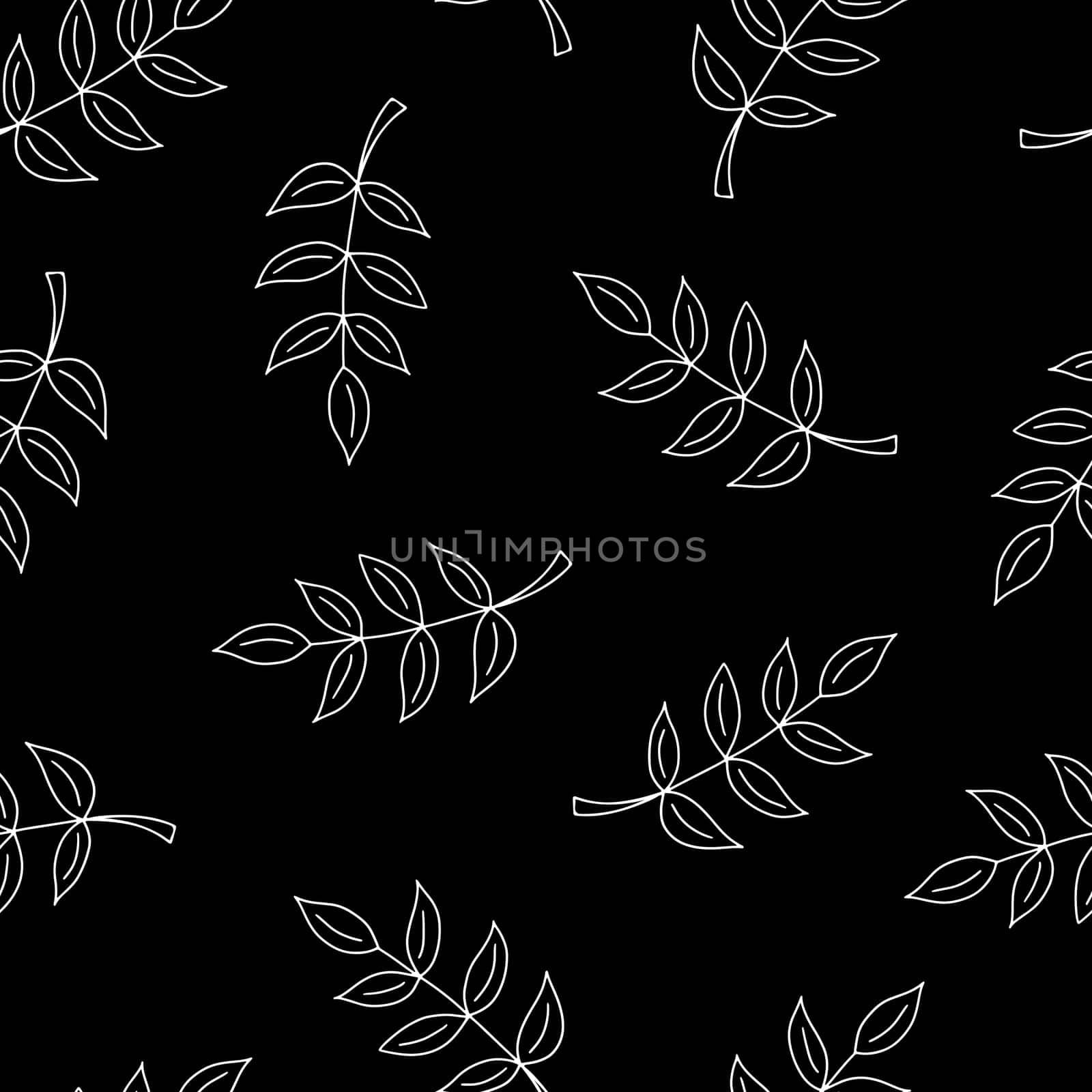 Seamless Pattern with Hand Drawn Black and White Leaves. Autumn Falling Digital Paper with Leaf in Sketched Style. Background with Contour Leaves. Cover for Eco, Organic, Vegan Design.