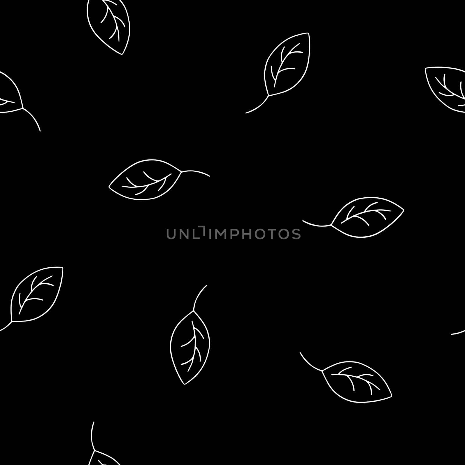 Seamless Pattern with Hand Drawn Black and White Leaves. Autumn Falling Digital Paper with Leaf in Sketched Style. Background with Contour Leaves. Cover for Eco, Organic, Vegan Design.