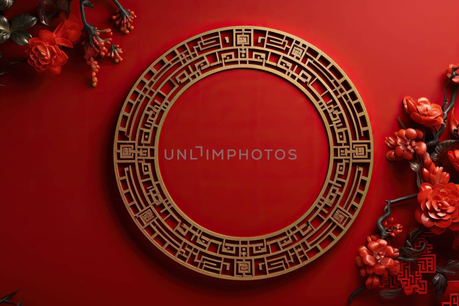 Red background with a frame of gilded flowers. Chinese traditions. Generated by artificial intelligence by Vovmar