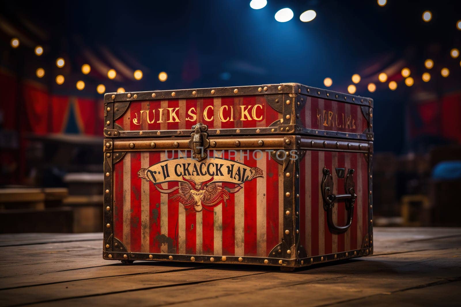 Jack box on the wooden floor in the circus. Circus day.