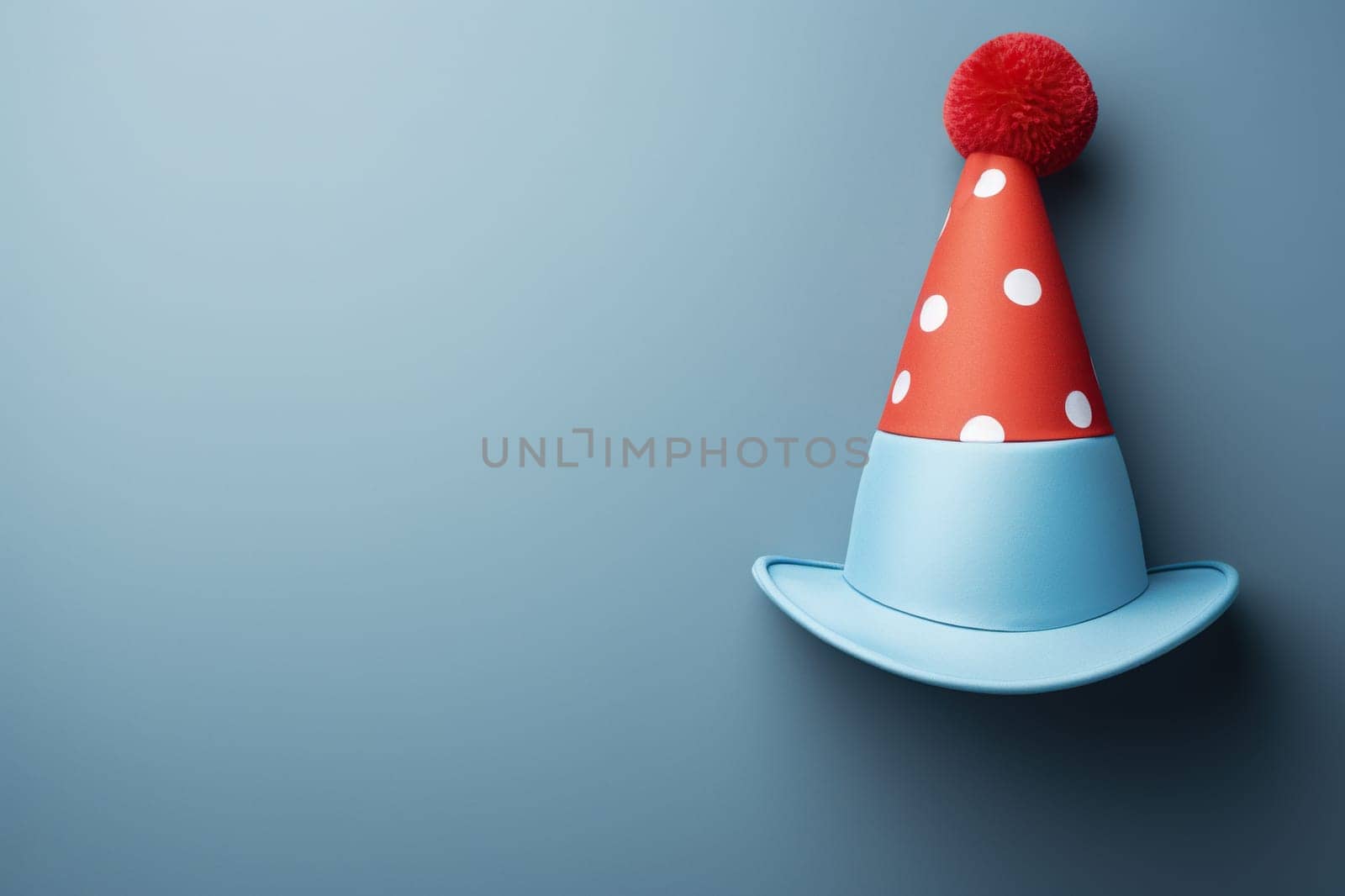 Multicolored clown hat on a blue background with space for text. April Fool's Day.