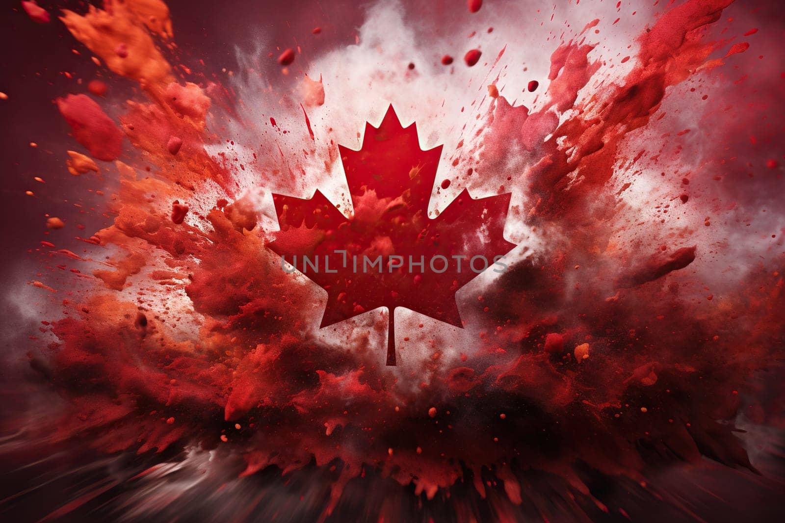 Symbol of Canada. The outline of a red maple leaf in a red splash of color. Generated by artificial intelligence by Vovmar