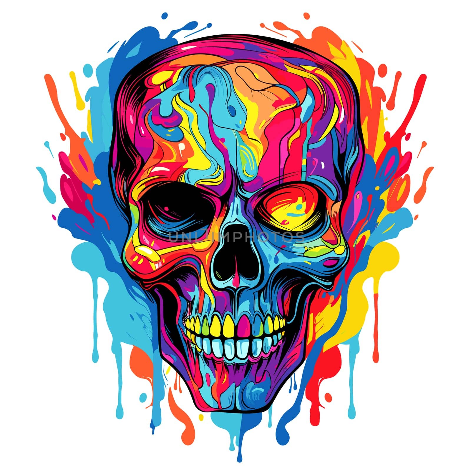 Skull in psychedelic vector pop art style. Graphic design for t-shirt print, sticker, poster, etc.