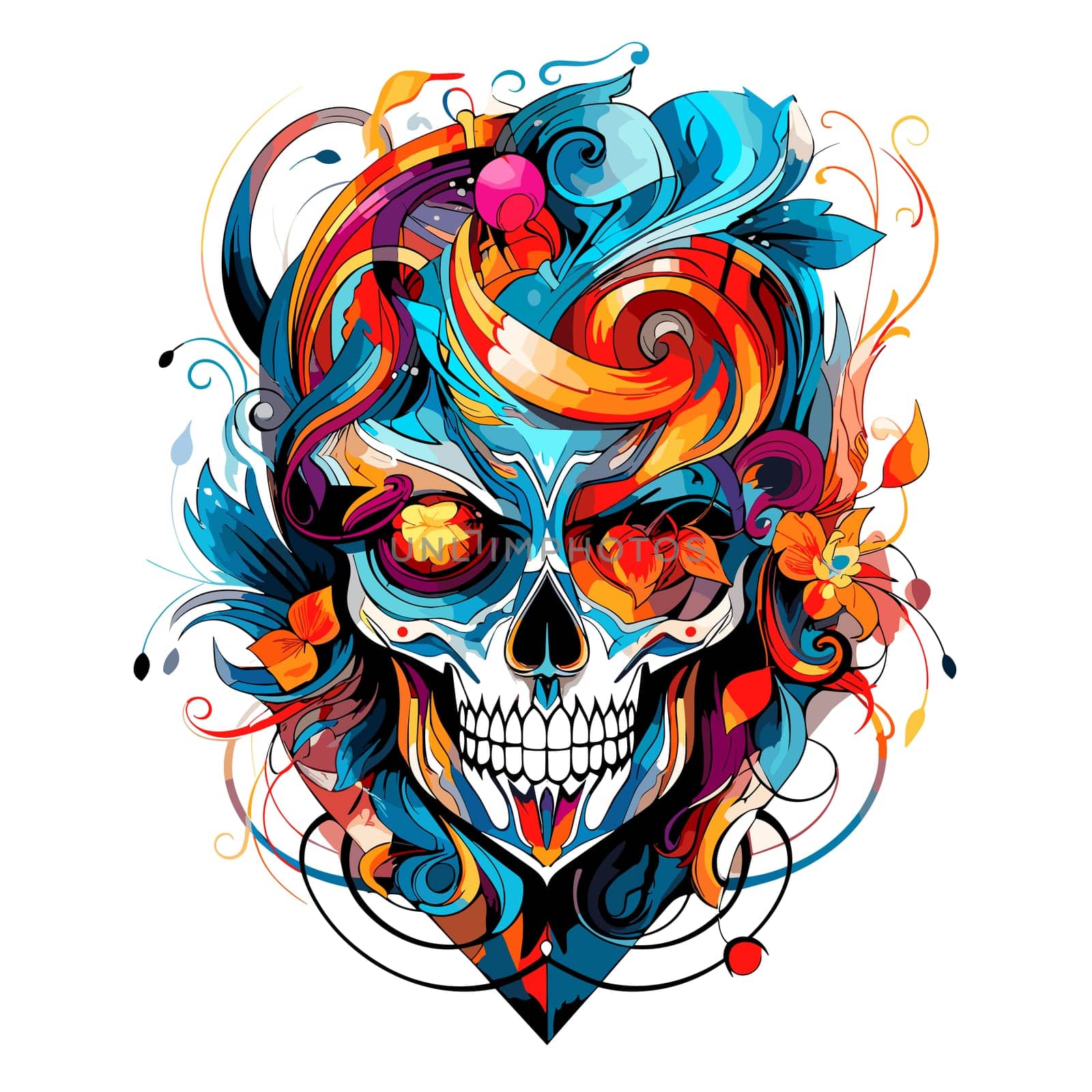 Skull in psychedelic vector pop art style. Graphic design for t-shirt print, sticker, poster, etc.