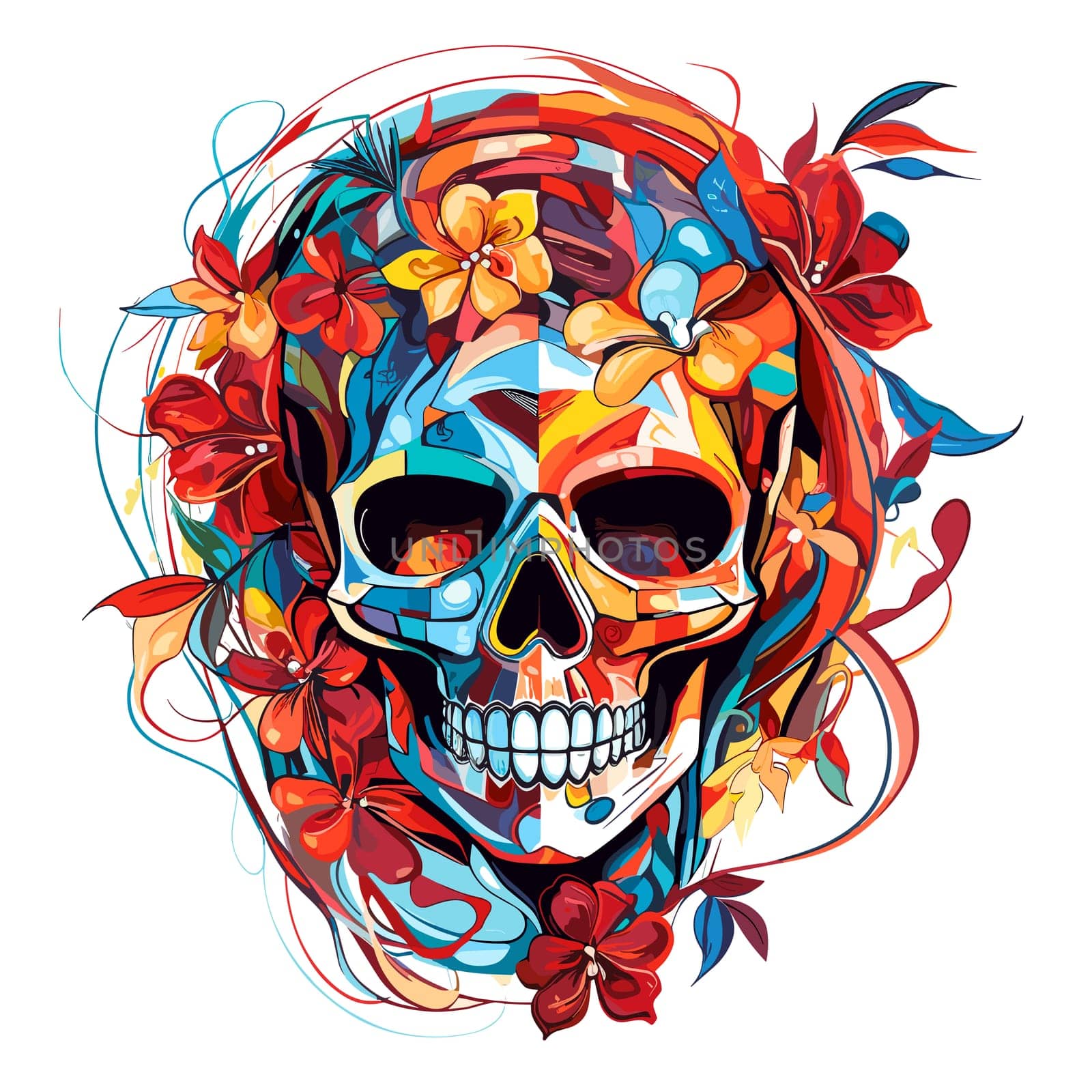 Skull in psychedelic vector pop art style. Graphic design for t-shirt print, sticker, poster, etc.