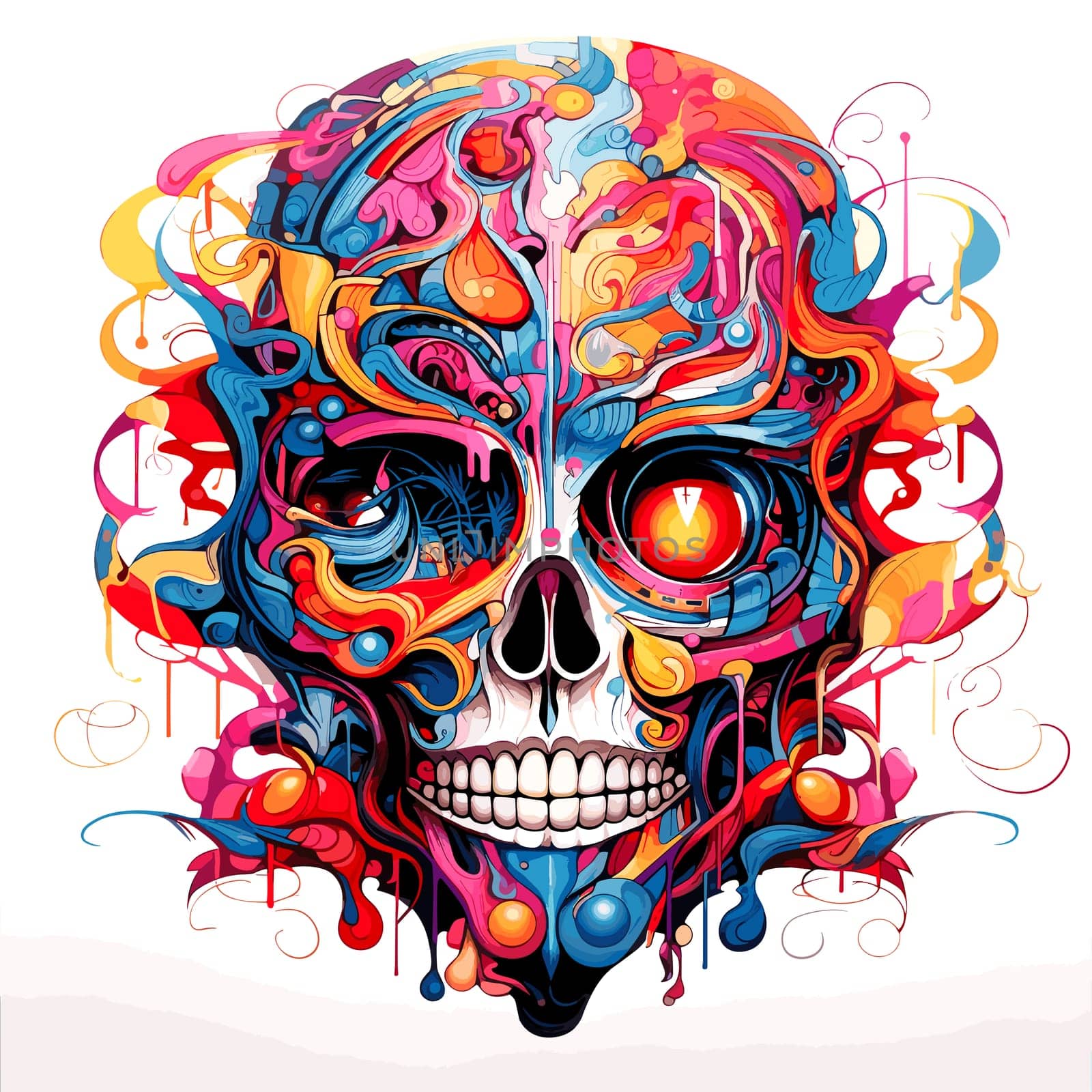 Skull in psychedelic vector pop art style. Graphic design for t-shirt print, sticker, poster, etc.