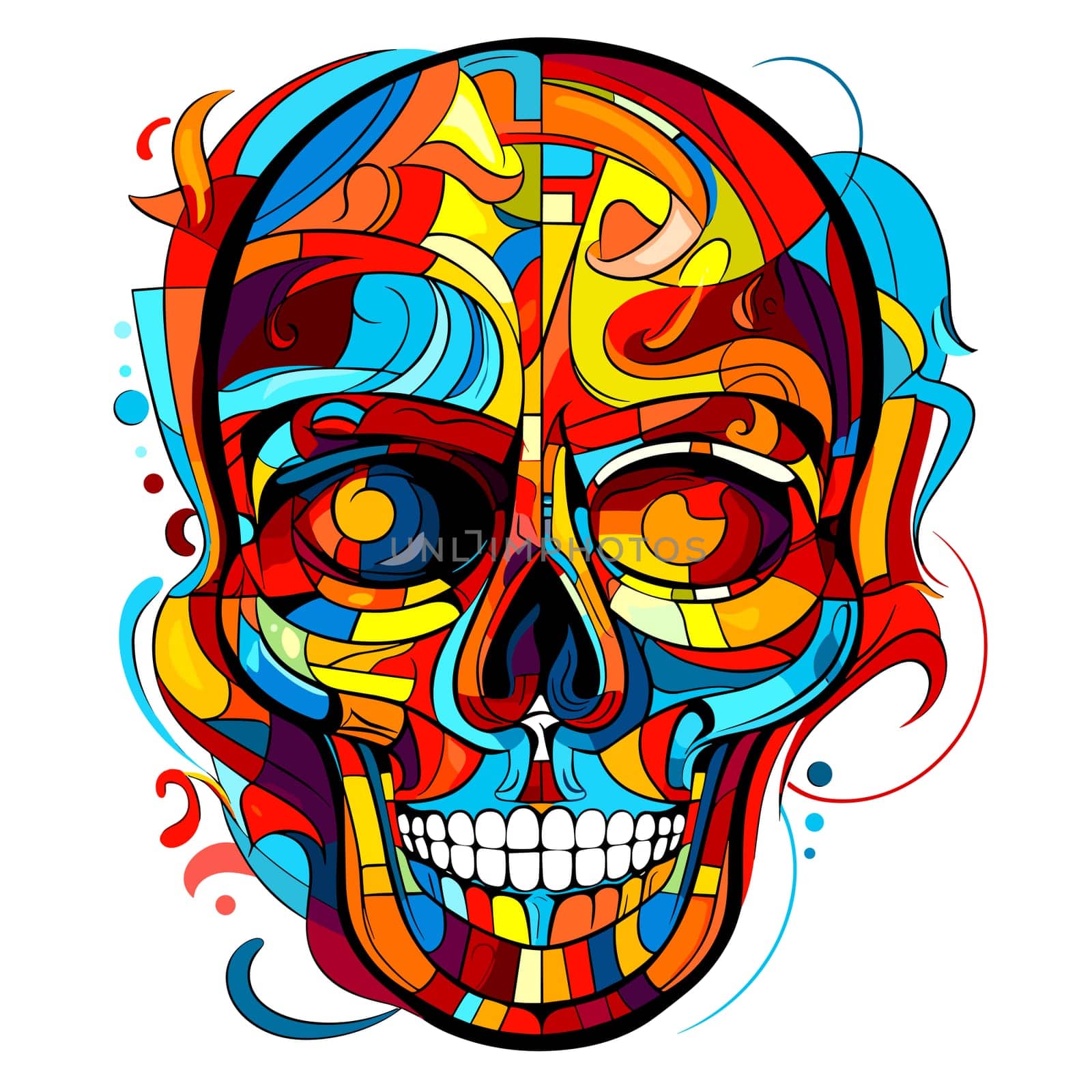 Skull in psychedelic vector pop art style. Graphic design for t-shirt print, sticker, poster, etc.