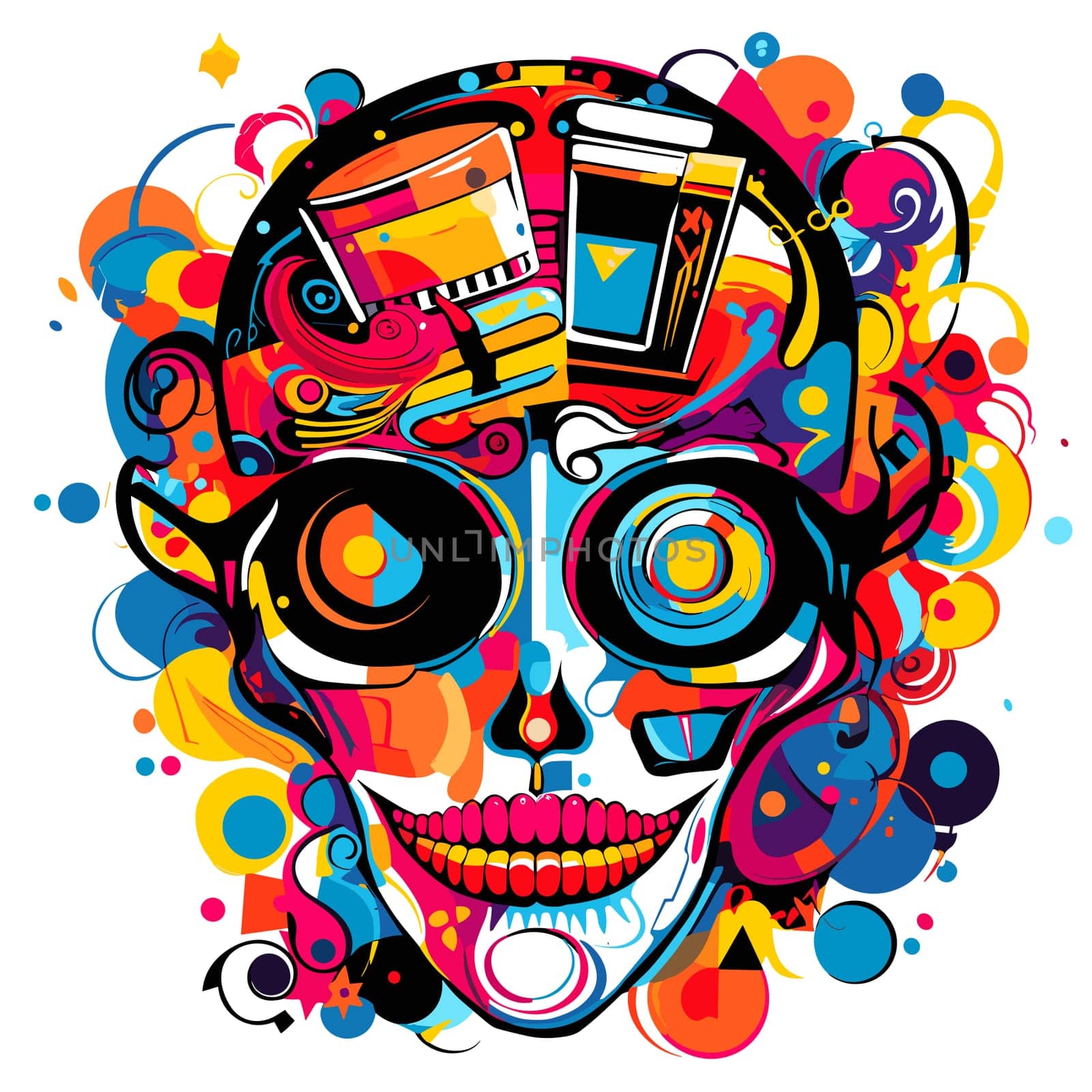 Skull in psychedelic vector pop art style. Graphic design for t-shirt print, sticker, poster, etc.