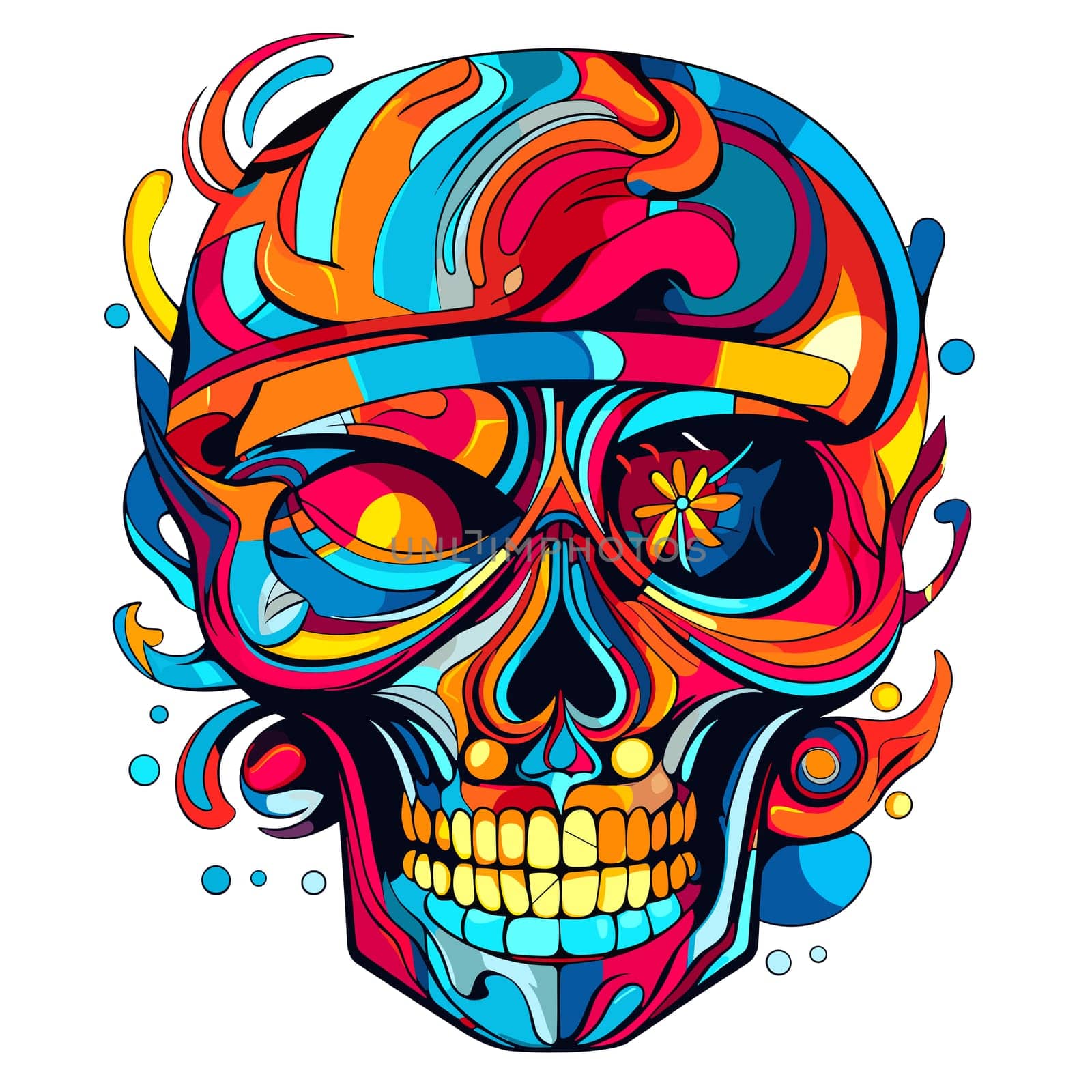 Skull in psychedelic vector pop art style. Graphic design for t-shirt print, sticker, poster, etc.