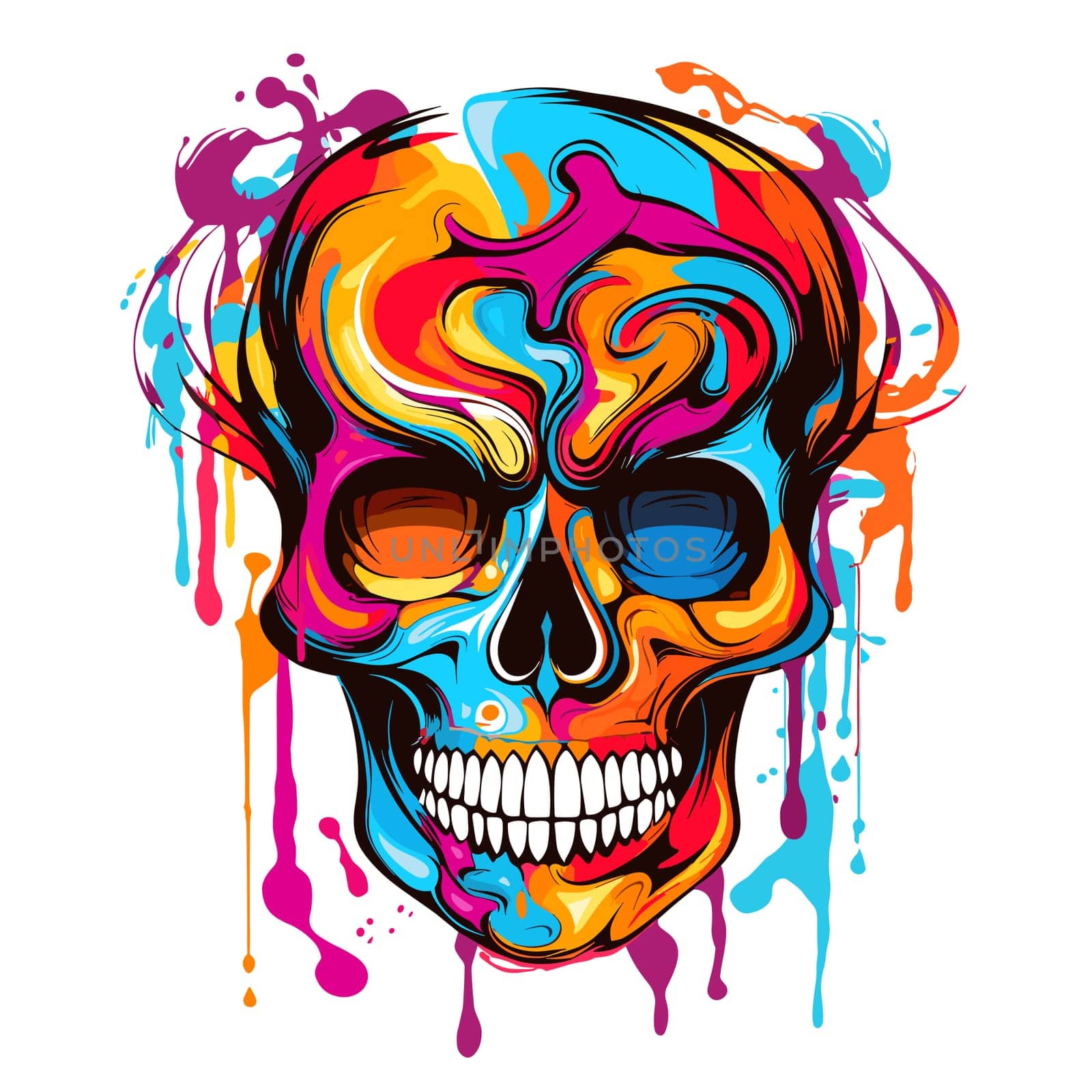 Skull in psychedelic vector pop art style. Graphic design for t-shirt print, sticker, poster, etc.