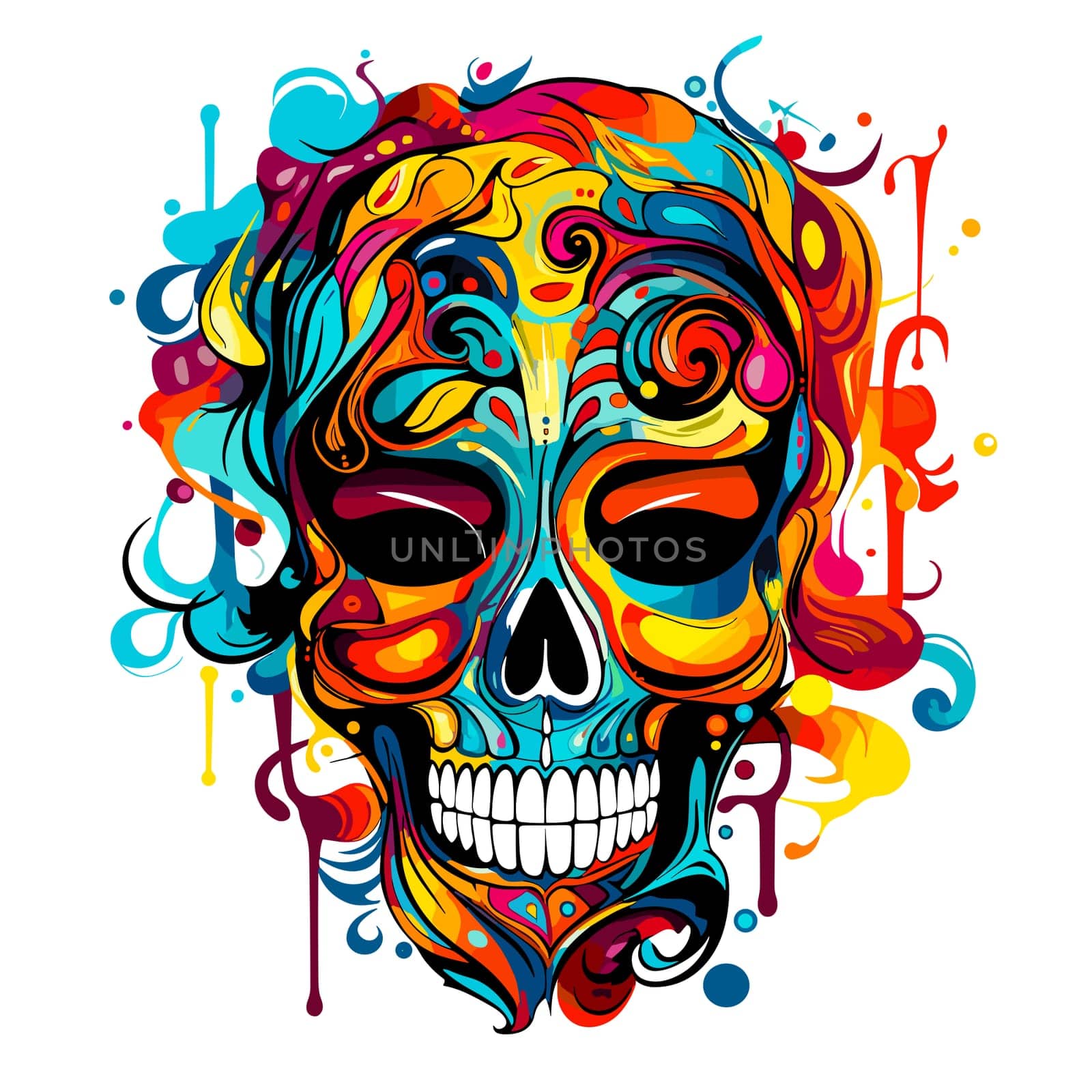 Skull in psychedelic vector pop art style. Graphic design for t-shirt print, sticker, poster, etc.