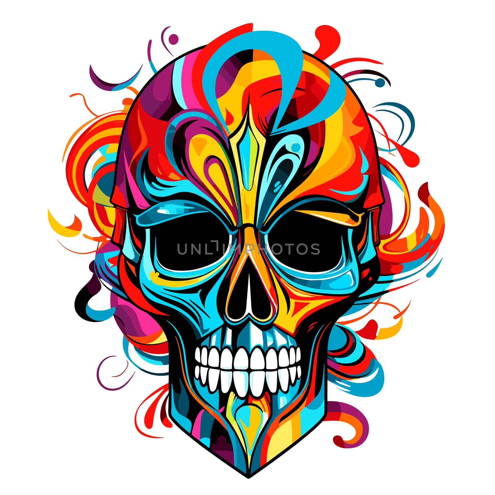 Skull in psychedelic vector pop art style. Graphic design for t-shirt print, sticker, poster, etc.