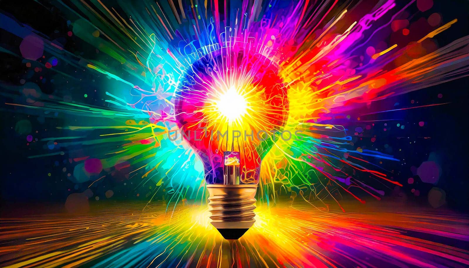Illustration with glowing light bulb, color rays, AI generated