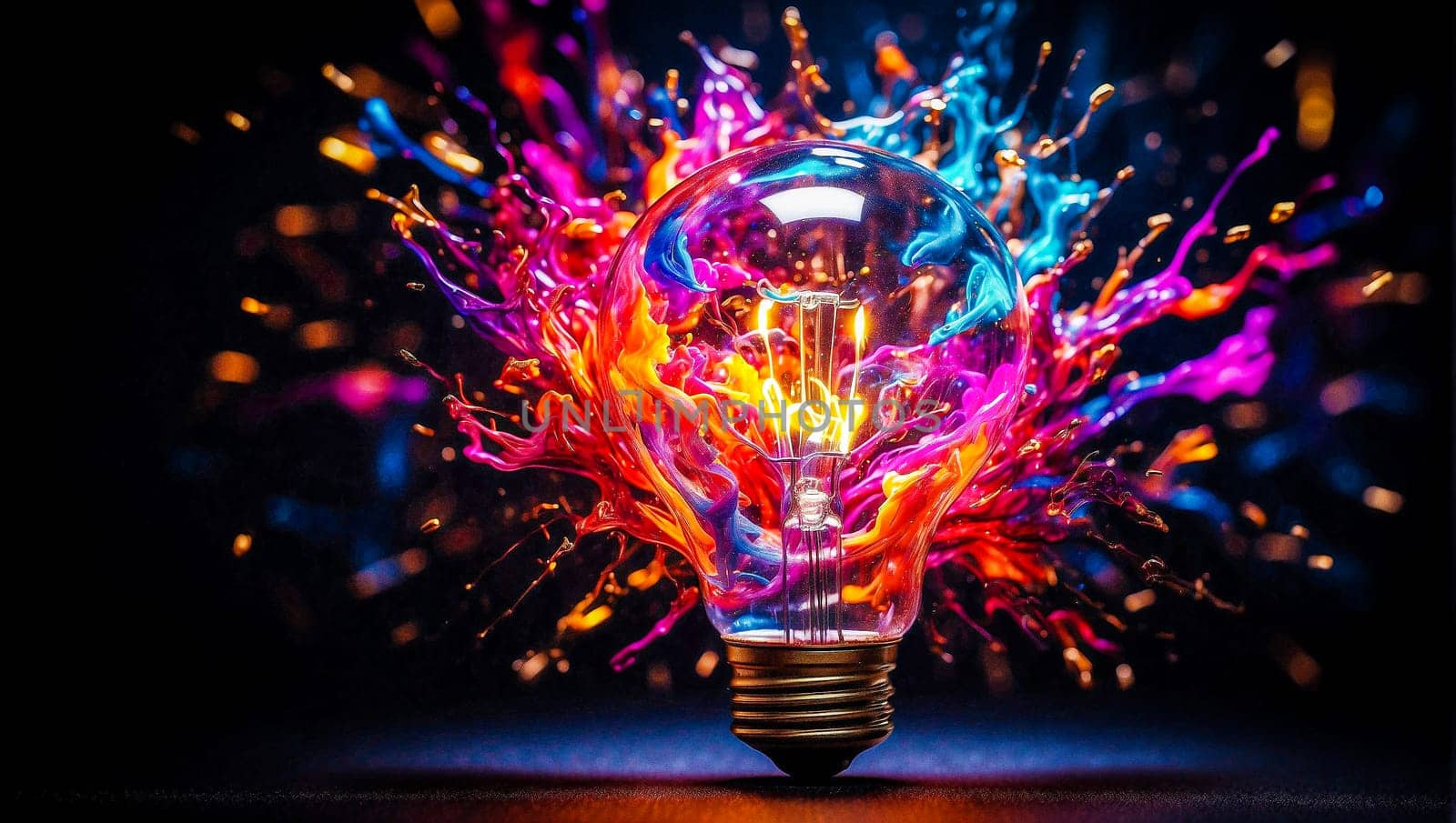 Bright bulb, explosion of colors, dark background by stan111