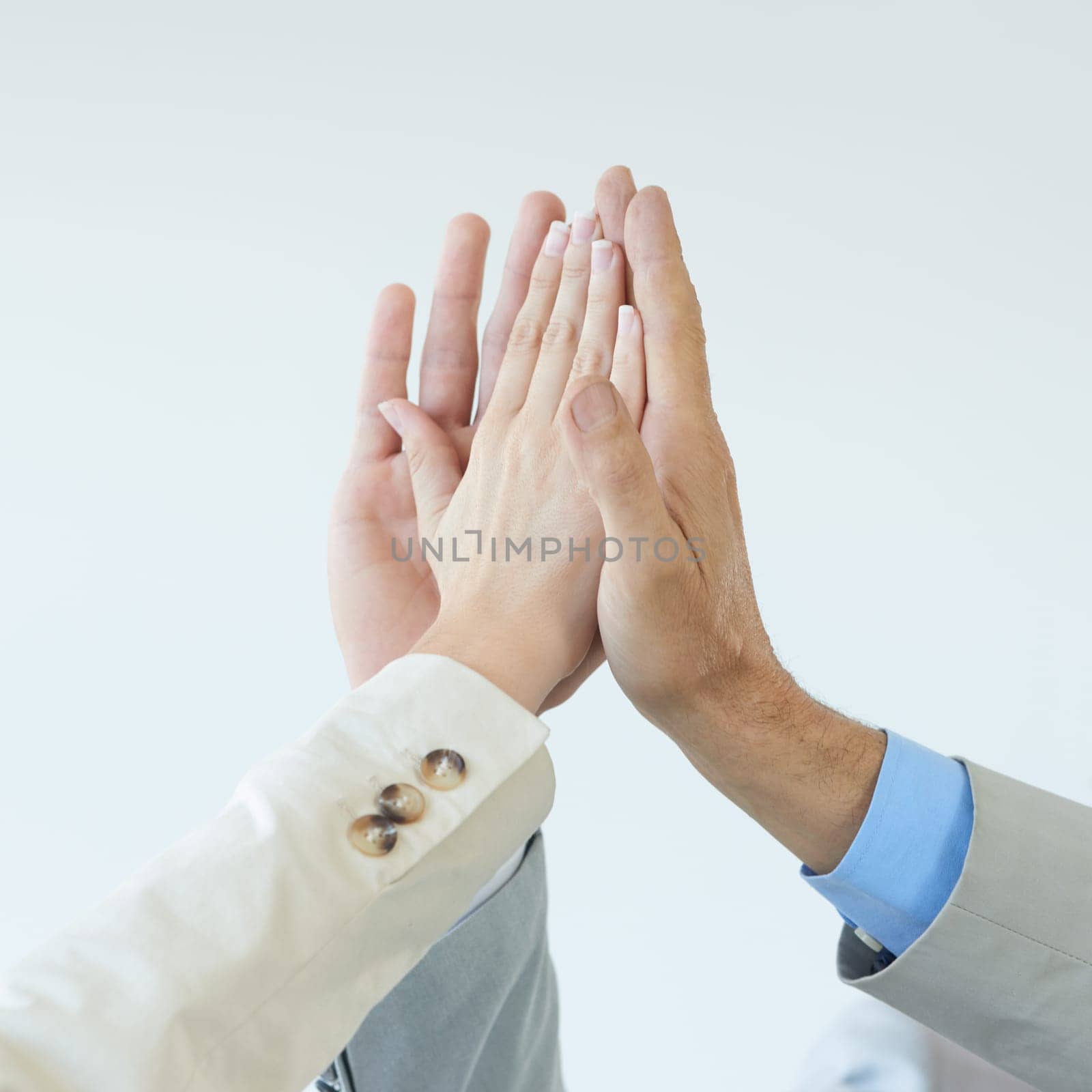 High five, success and hands of people with celebration of achievement and support for teamwork. Business, collaboration and team building gesture for cooperation, solidarity and pride for winning by YuriArcurs