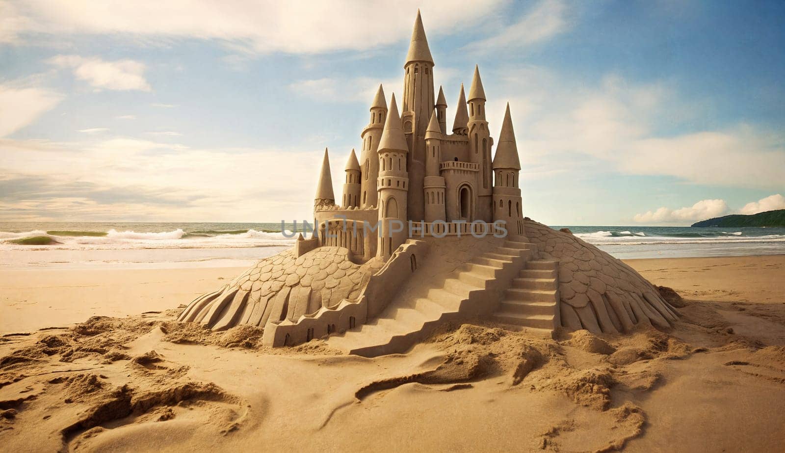 Imagination takes form in a sandcastle, crafted with intricate details and whimsical designs. AI Generative.