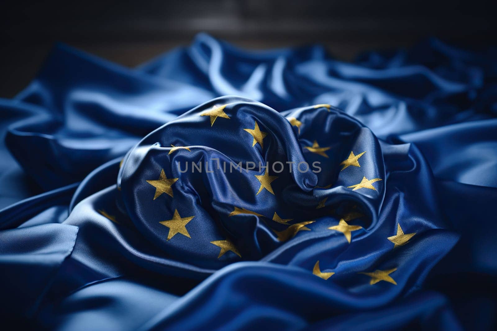 Yellow stars on blue silk fabric. Symbol of the European Union. European Union flag. Generated by artificial intelligence by Vovmar
