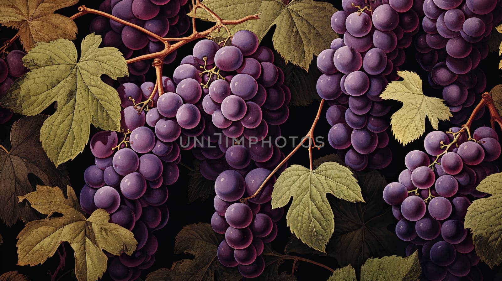 Horizontal background with a pattern of bunches of blue grapes with leaves.