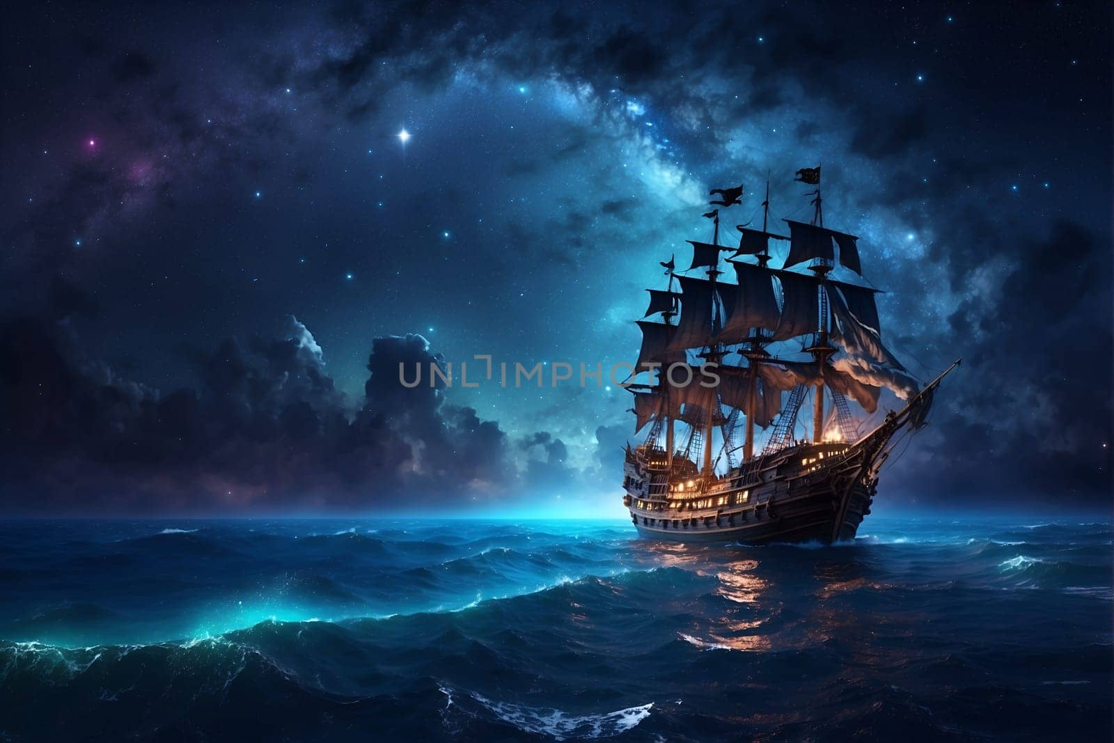 A pirate ship sails through the dark waves of the ocean under the night sky.