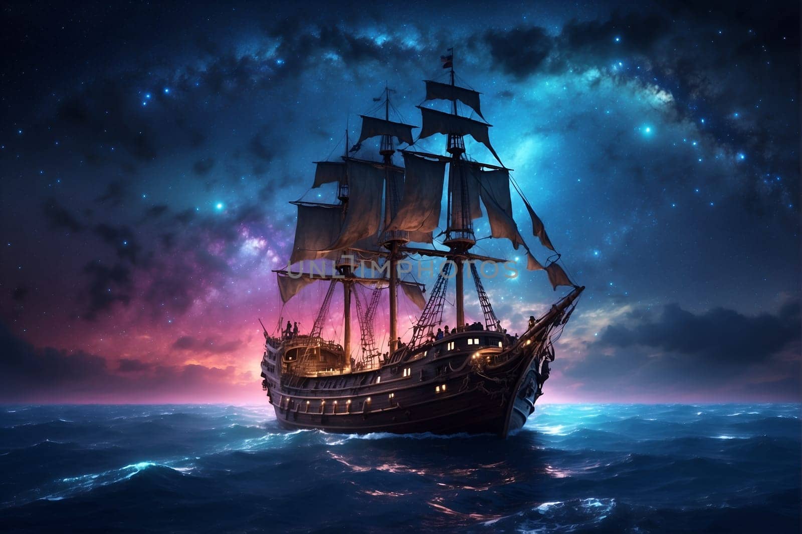 A pirate ship with billowing sails floats on the dark ocean waters during the night.