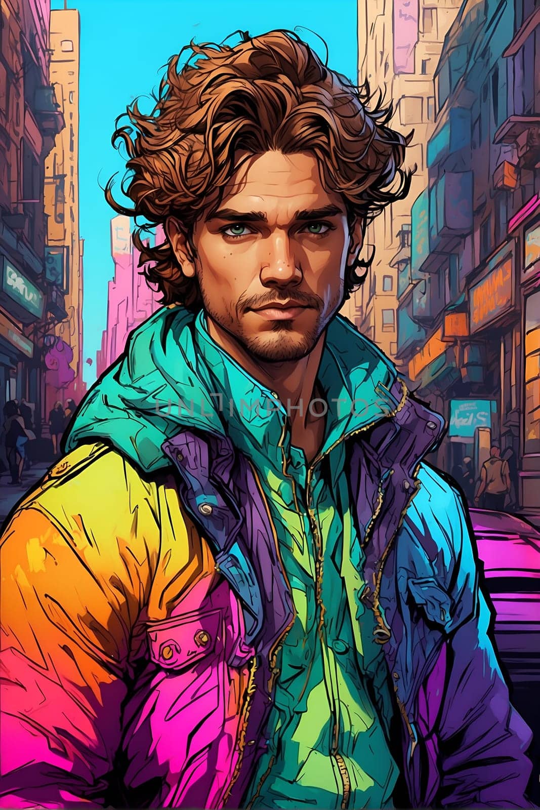 A painting of a man wearing a vibrant and multicolored jacket, showcasing his unique sense of style.