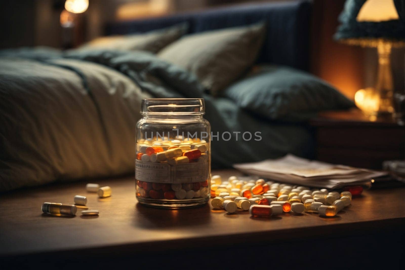 A jar filled with pills is placed on top of a table, showcasing the arrangement and contents of the container.