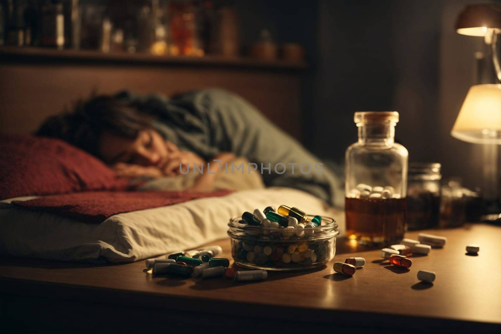 A woman reclines in a bed next to a bottle of pills.