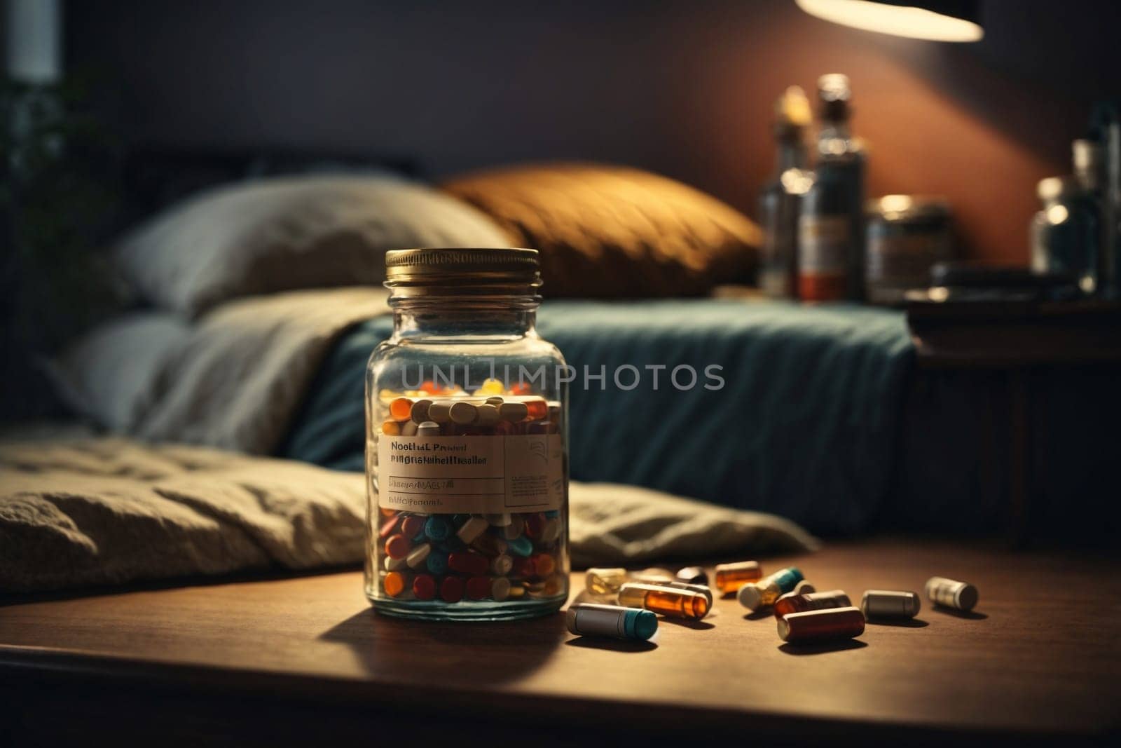 Candy-filled Jar on Wooden Table. Generative AI. by artofphoto