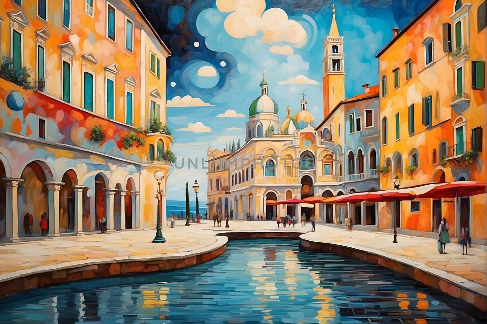 This painting depicts a cityscape with a prominent river flowing through it, showcasing the urban environment and water feature.
