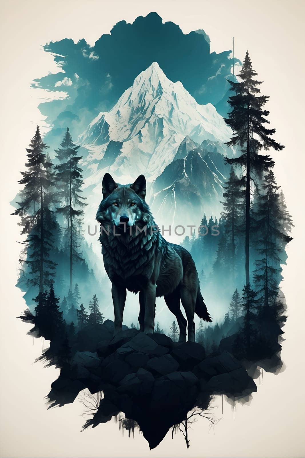 A powerful and commanding wolf stands amidst the dense serenity of the forest.
