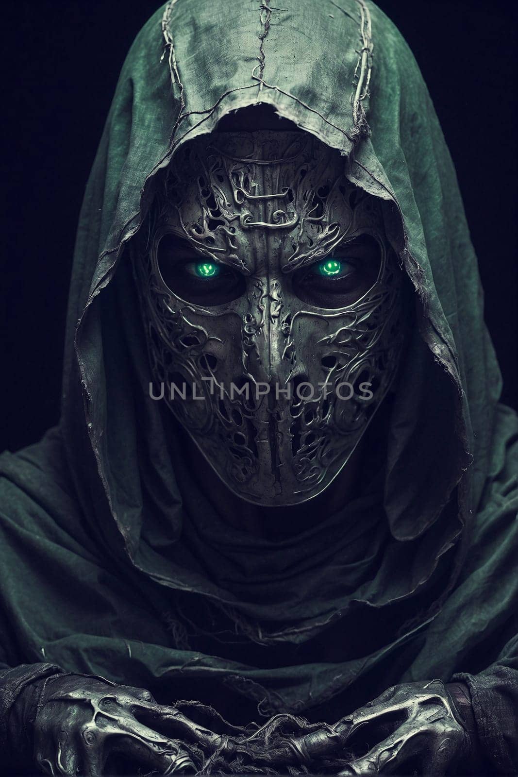 Man With Green Eyes in Hooded Outfit, Mysterious and Captivating Portrait of a Striking Individual. Generative AI. by artofphoto
