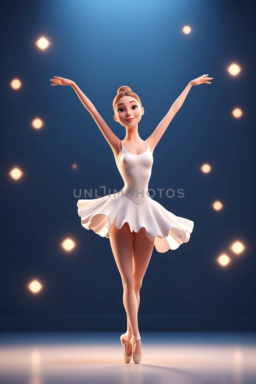 A talented ballerina in a white dress gracefully performs on a stage, showcasing her elegant and poised dance movements.
