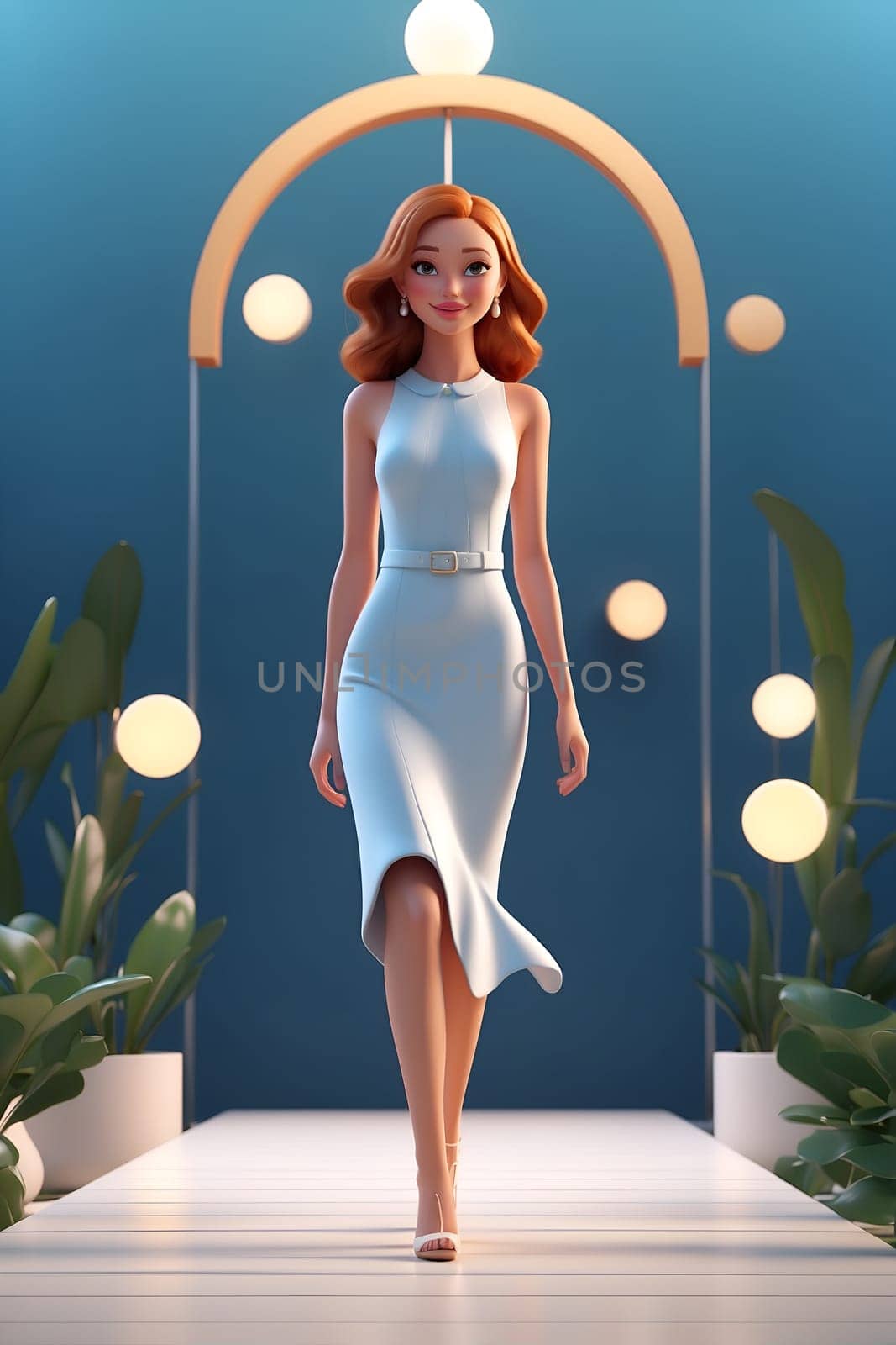 Woman in White Dress Walks Down Runway at Fashion Show. Generative AI. by artofphoto