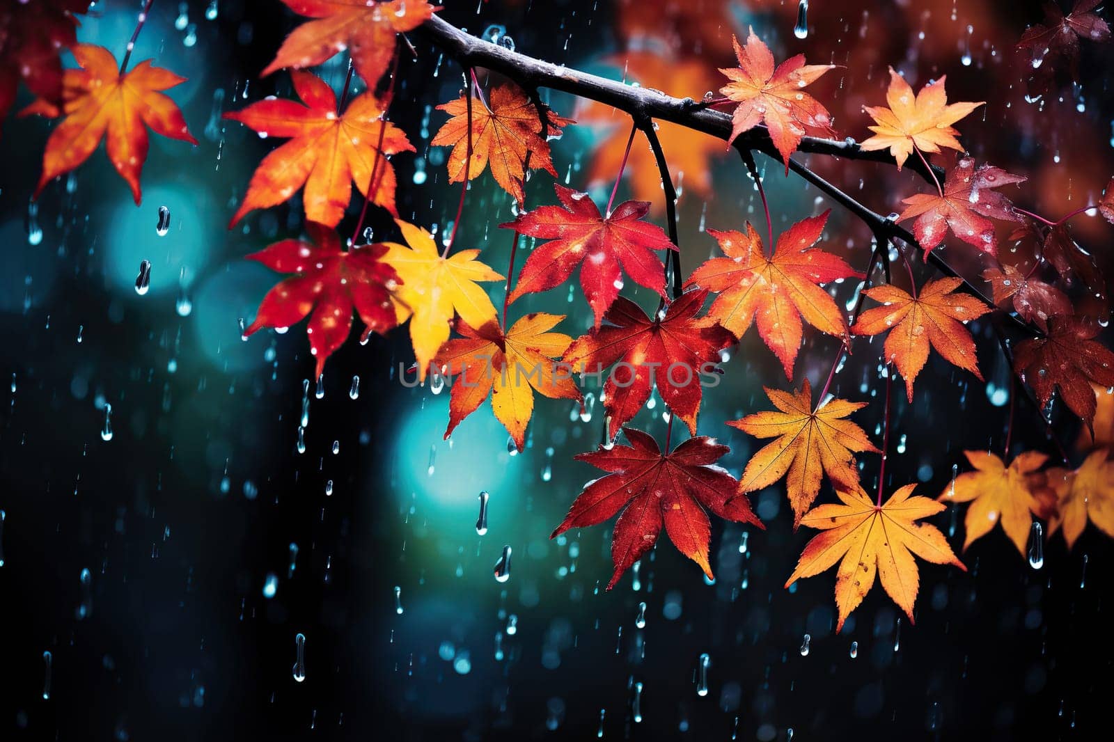 Raindrops on a branch with autumn leaves close-up. Wet birch leaves. Generative AI by Vovmar