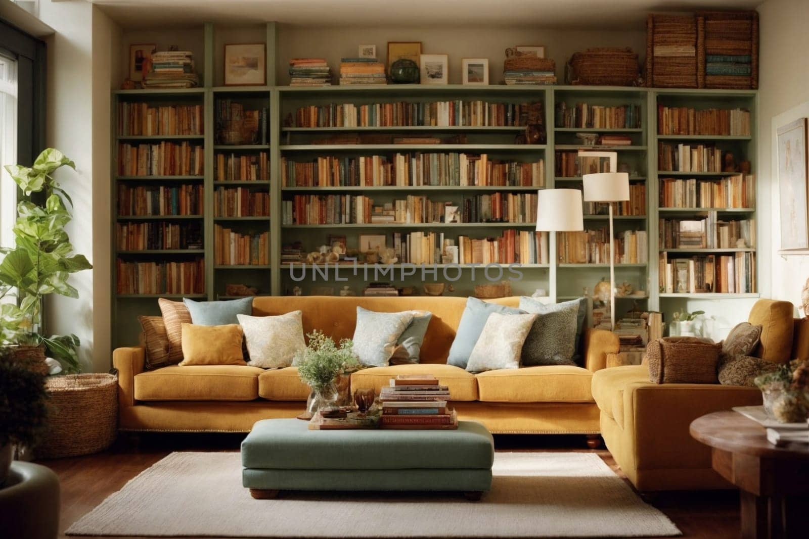 An expansive living room with a wealth of furniture pieces and bookshelves, creating a cozy and organized space.