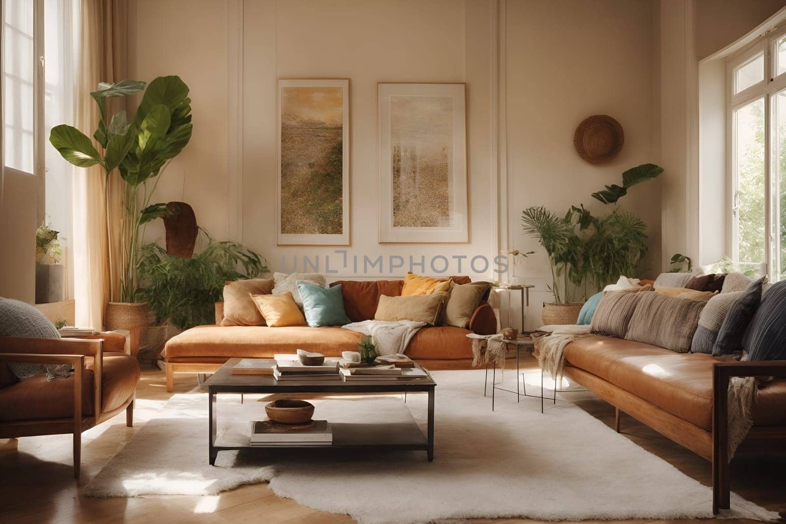 This photo showcases a living room filled with various pieces of furniture and plenty of windows.