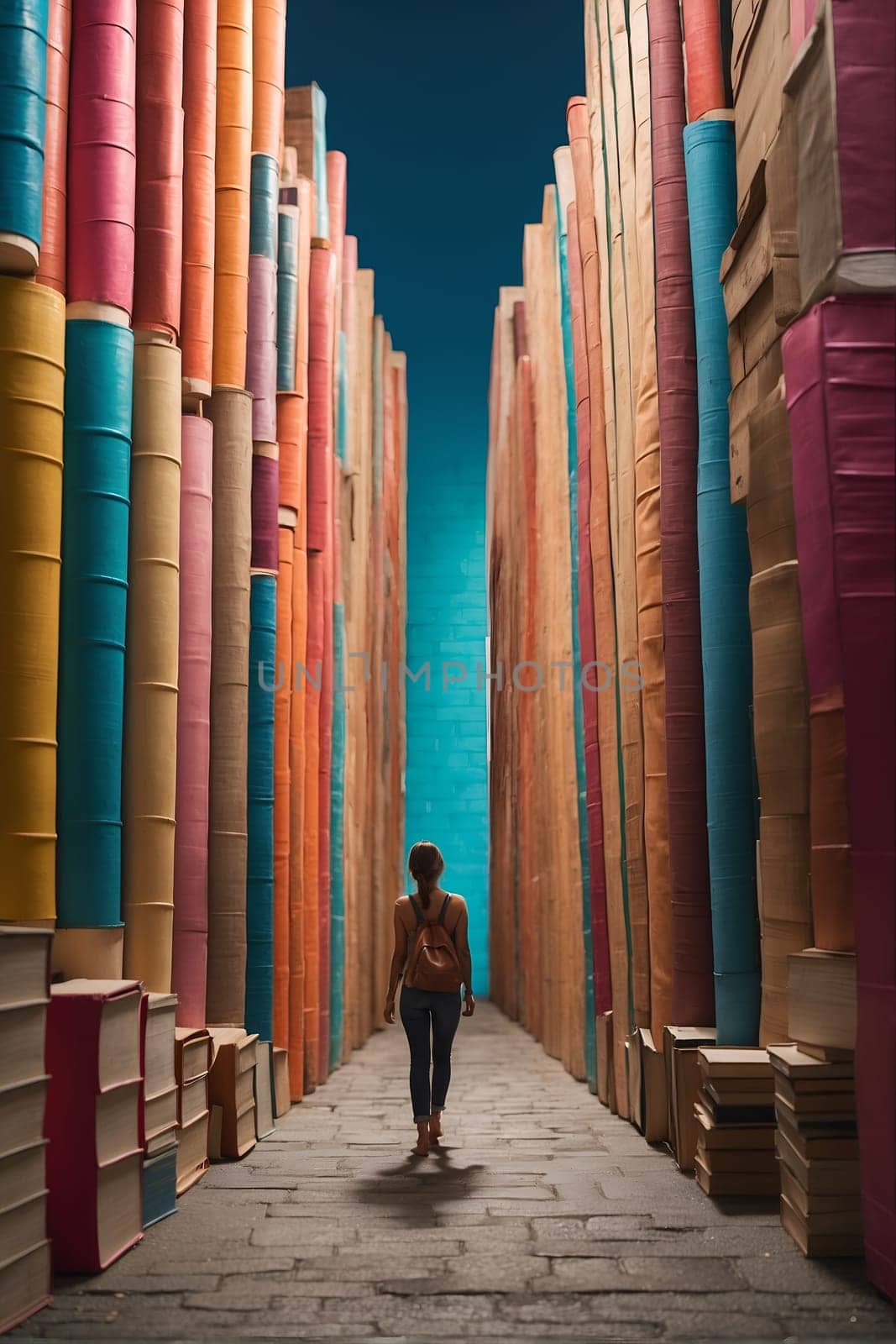 An individual walking down a walkway surrounded by towering buildings.