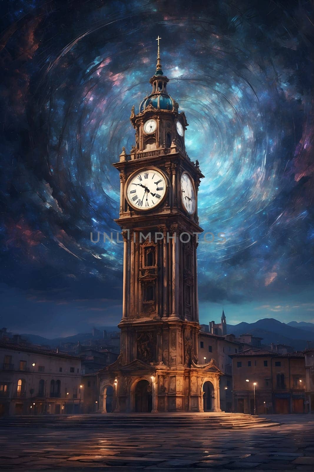 A stunning depiction of a towns central clock tower, capturing its architectural beauty and historical significance.
