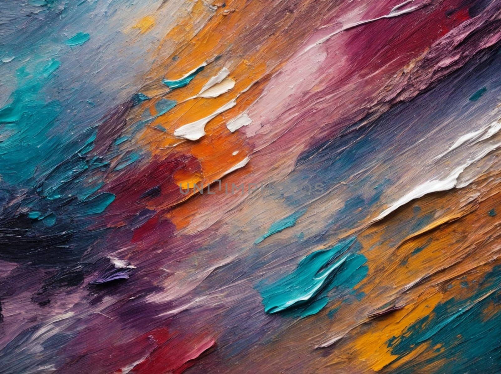 A detailed view of an abstract painting, showcasing its vibrant colors, intricate brushwork, and expressive forms.