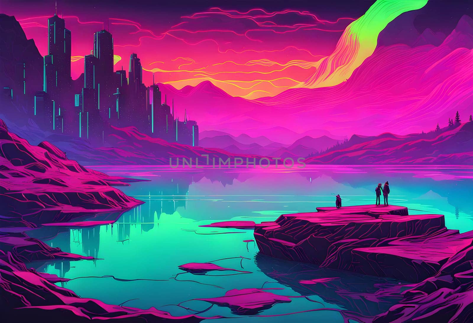 Neon-colored lake, rugged waves, cyberpunk style by designbyhassan