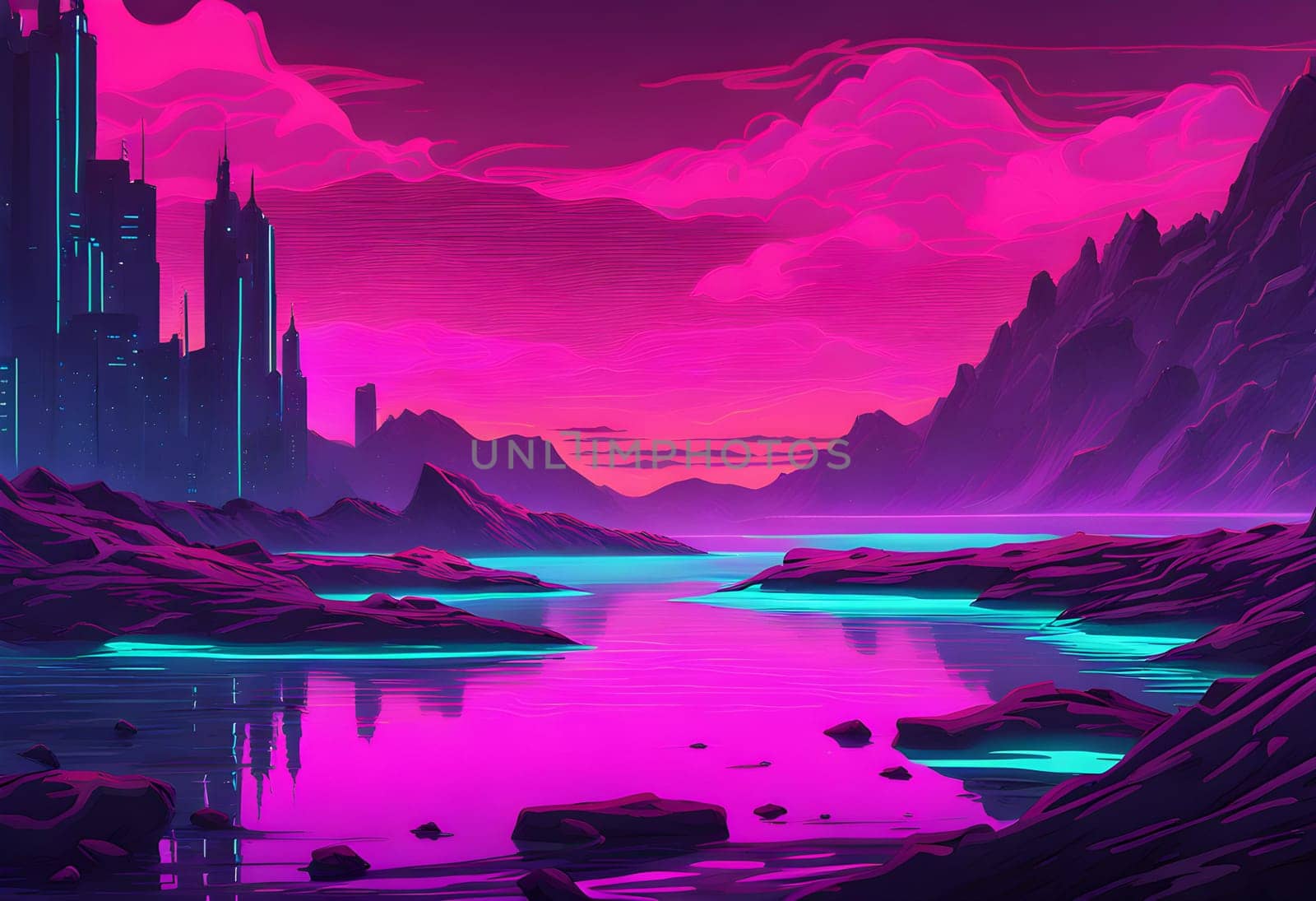 Neon-colored lake, rugged waves, cyberpunk style