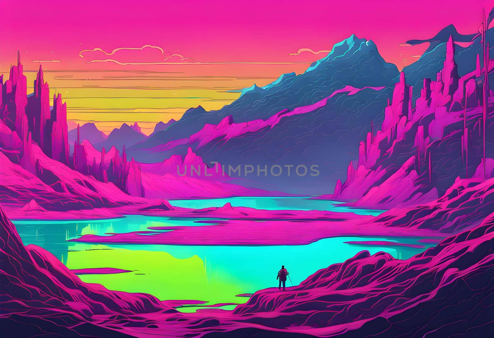 Neon-colored lake, rugged waves, cyberpunk style