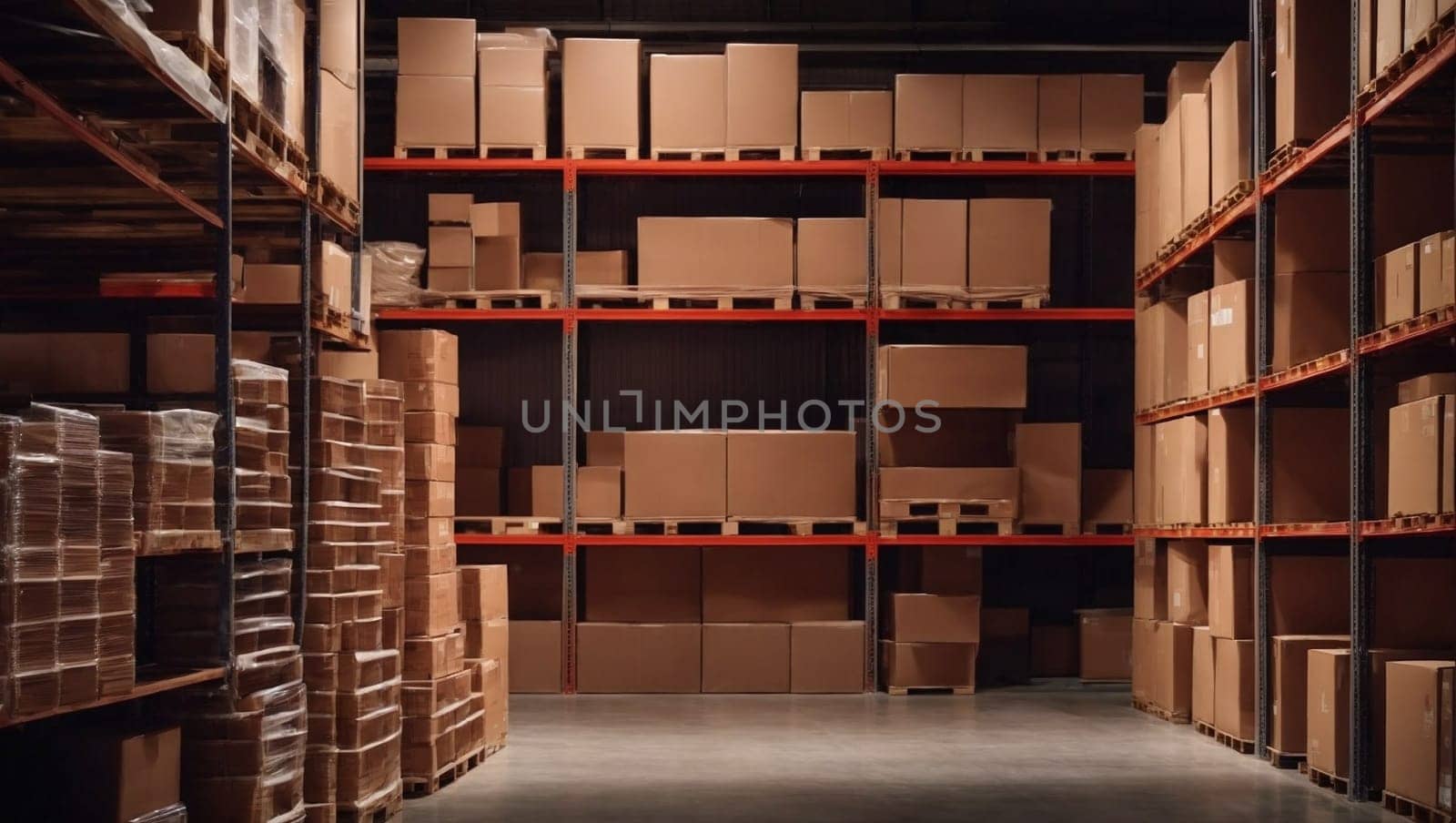 Busy Warehouse, A Spacious Facility Packed With Boxes for Storage. Generative AI. by artofphoto