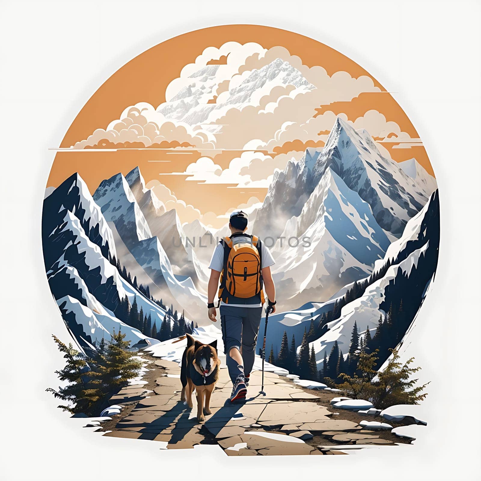 Hiker With Backpack and Dog Walking on a Scenic Trail in Nature. Generative AI. by artofphoto